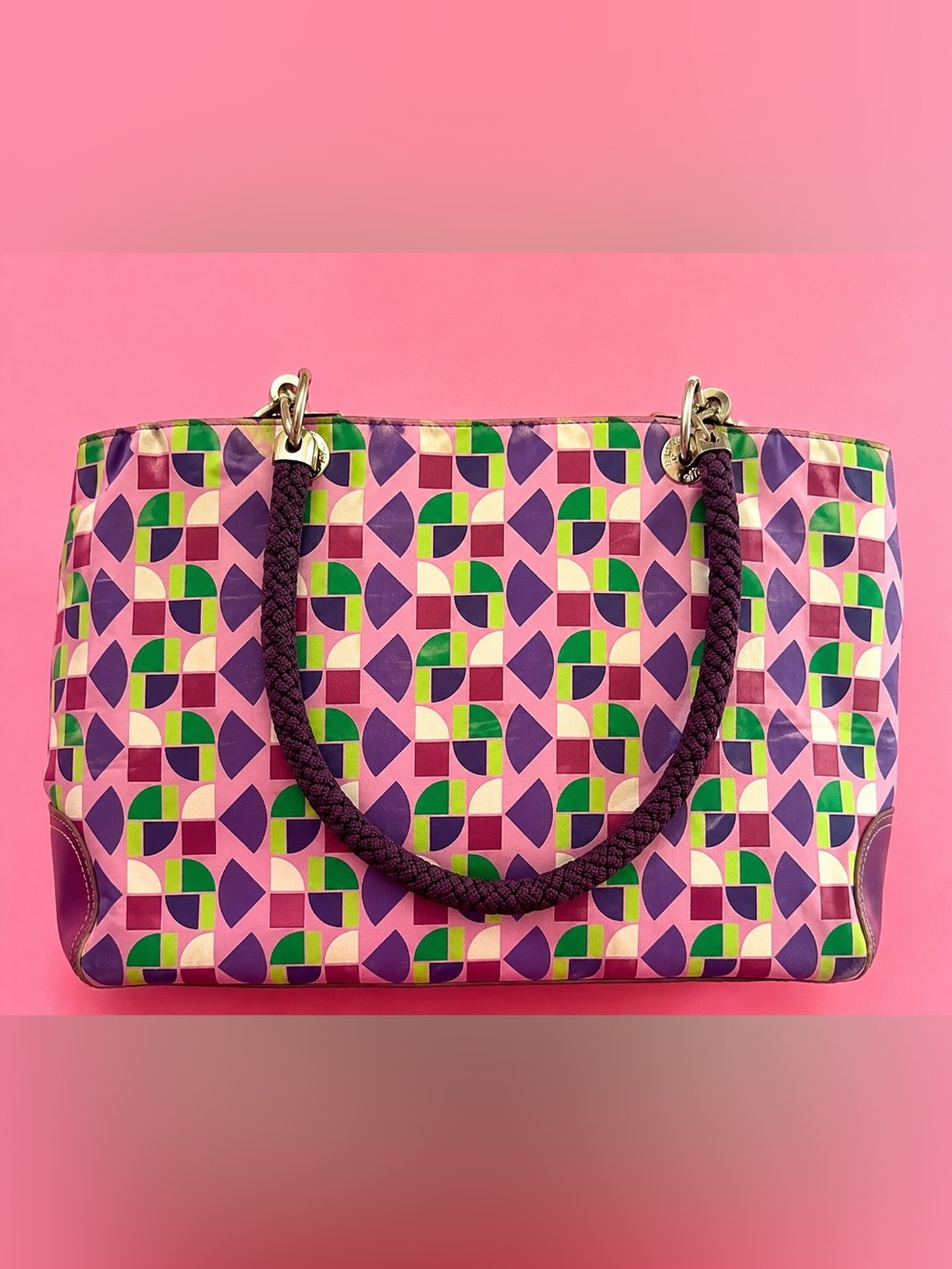 The Sak Geometric Print Tote Bag Purple Rope Strap Y2K Retro Mod Shoulder Bag